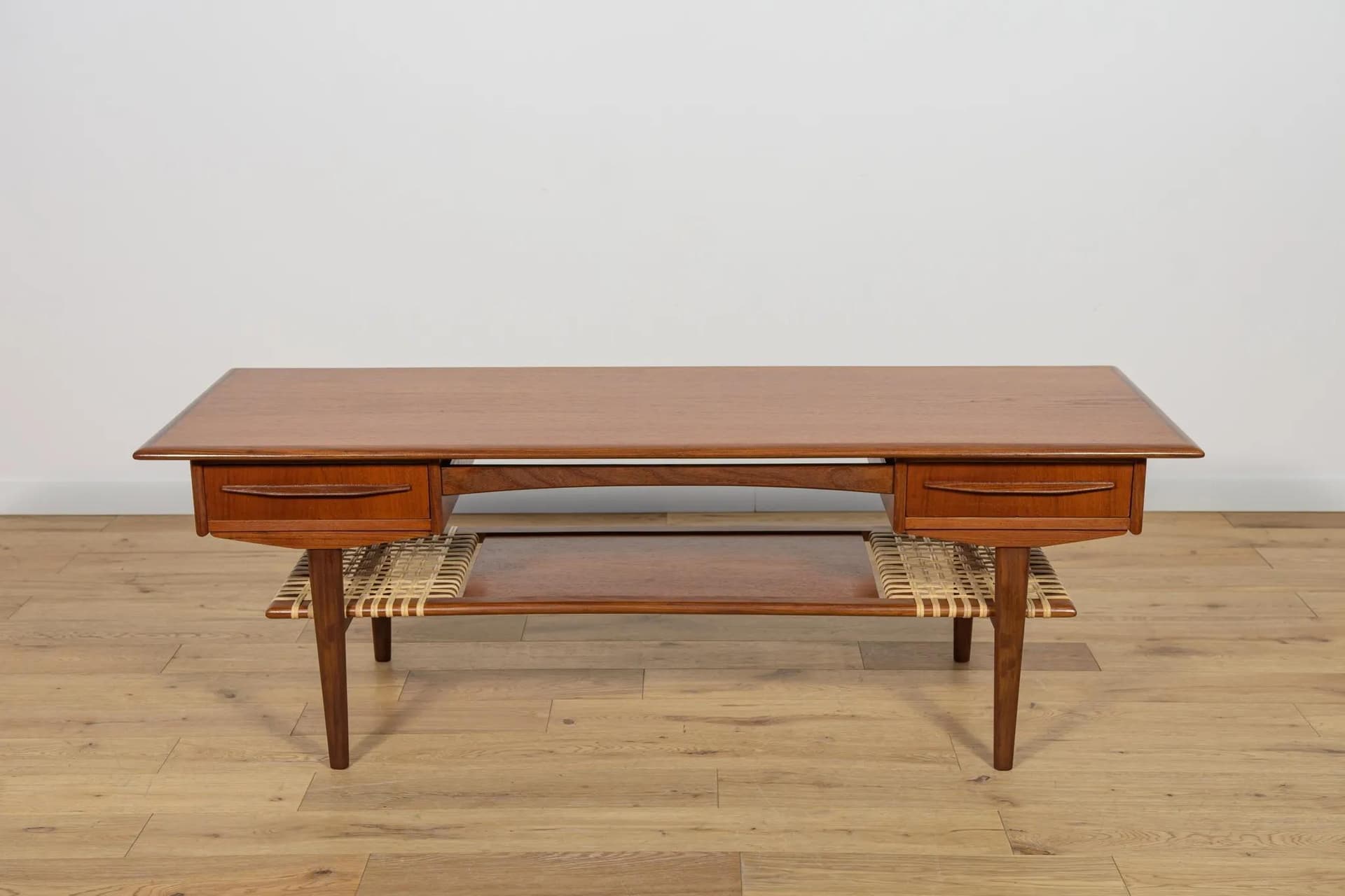 Coffee table, brown teak, rattan, Denmark, 1960s. - 70716