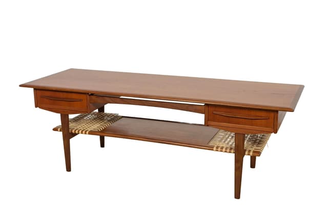Coffee table, brown teak, rattan, Denmark, 1960s. - DIMENSION