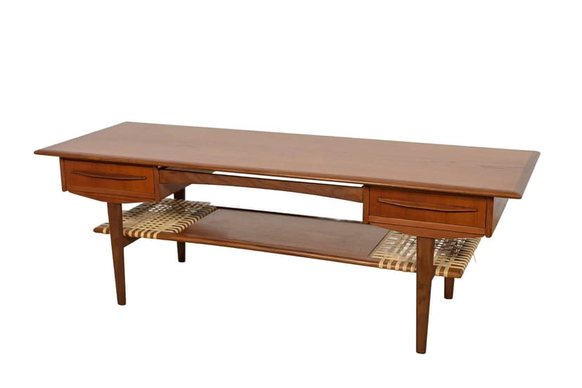 Coffee table, brown teak, rattan, Denmark, 1960s.