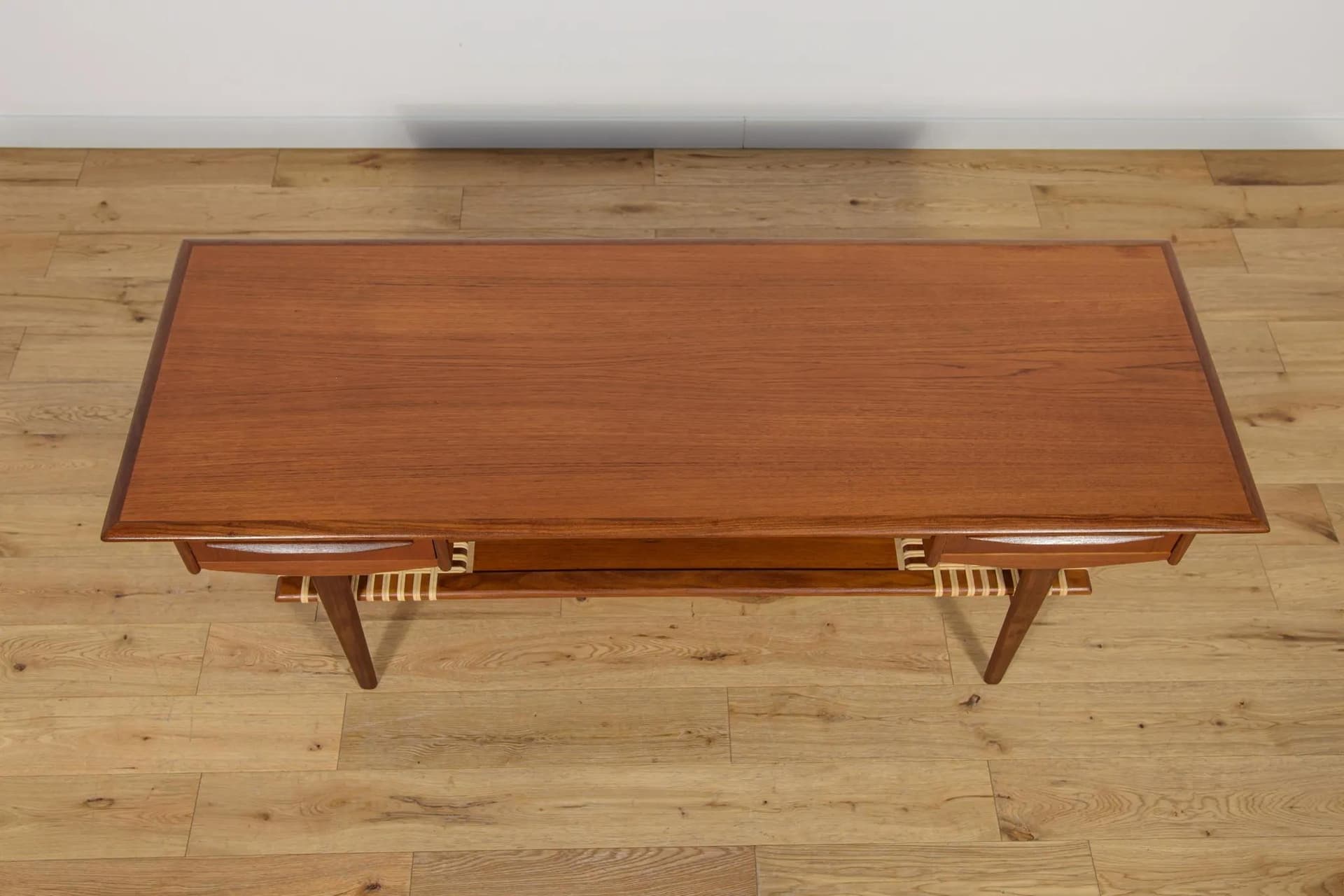 Coffee table, brown teak, rattan, Denmark, 1960s. - 70718