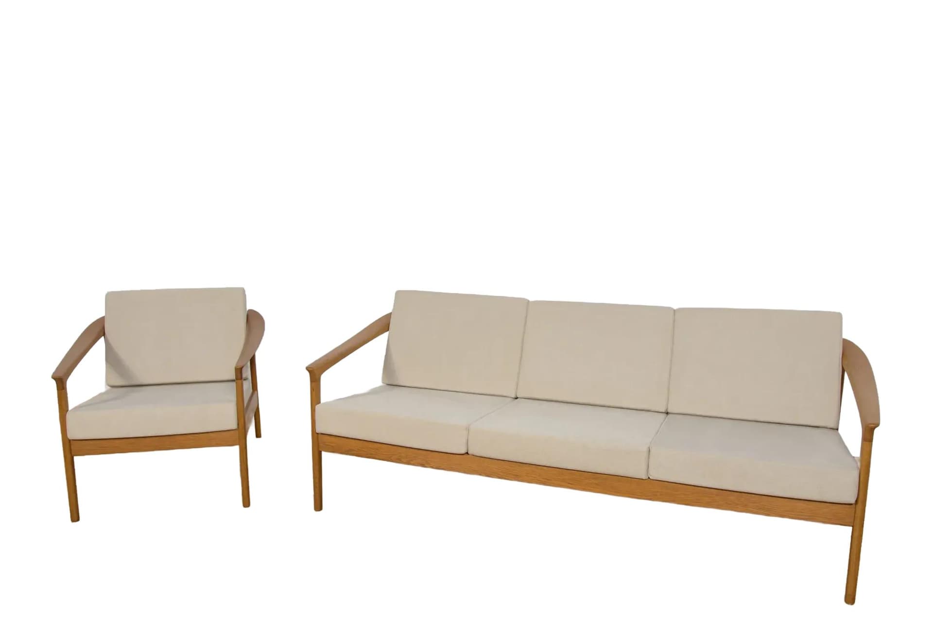 Set Monterey, beige wool, oak, by F. Ohlsson, Bodafors, Sweden, 1960s.