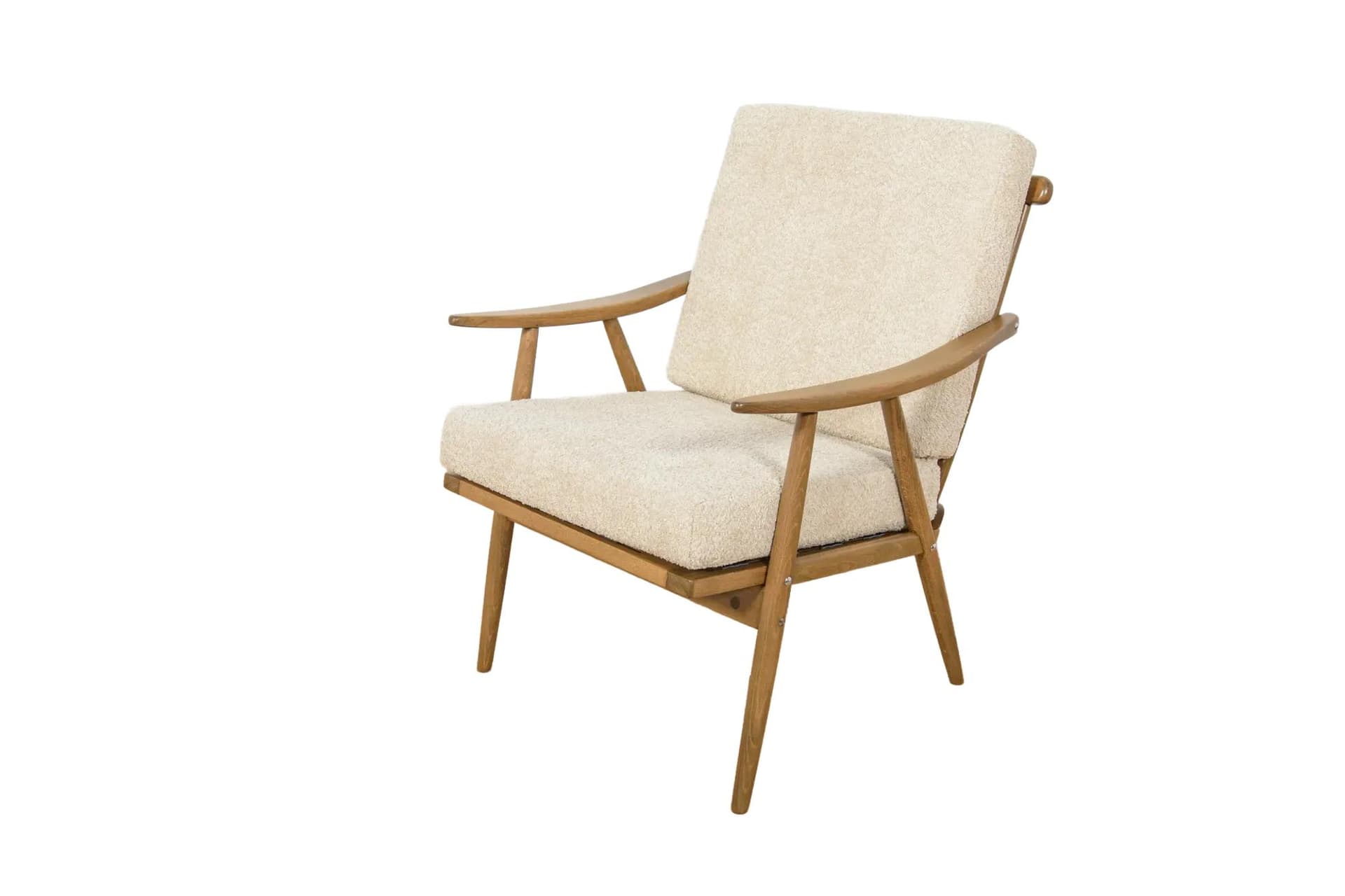 Fotel, buk orzechowy, boucle kremowy, TON, Czechosłowacja, lata 60.