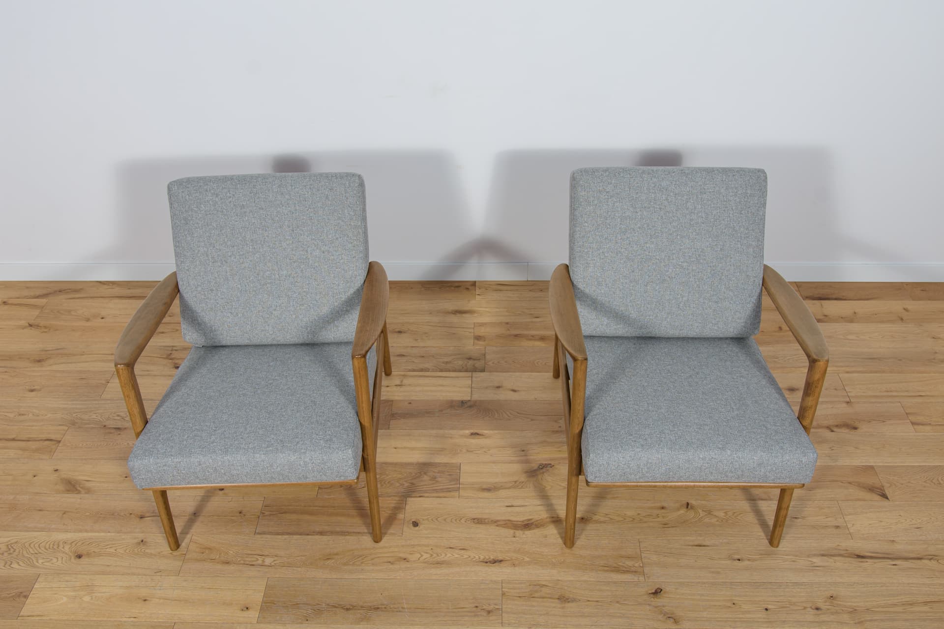 Pair of armchairs 300-139, beech walnut, grey fabric, Swarzędzka Fabryka Mebli, Poland, 1960s. - 70541