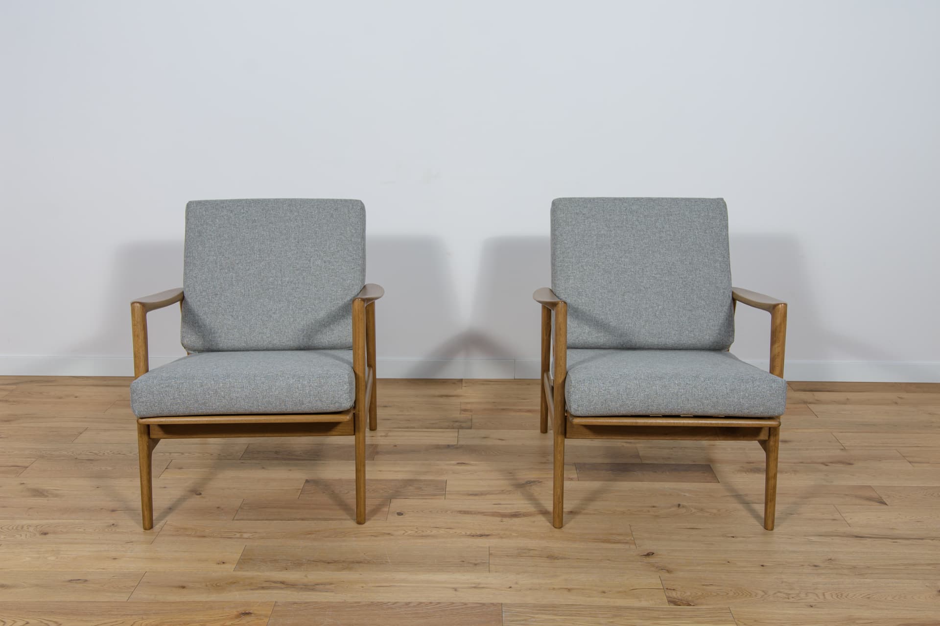 Pair of armchairs 300-139, beech walnut, grey fabric, Swarzędzka Fabryka Mebli, Poland, 1960s. - 70538