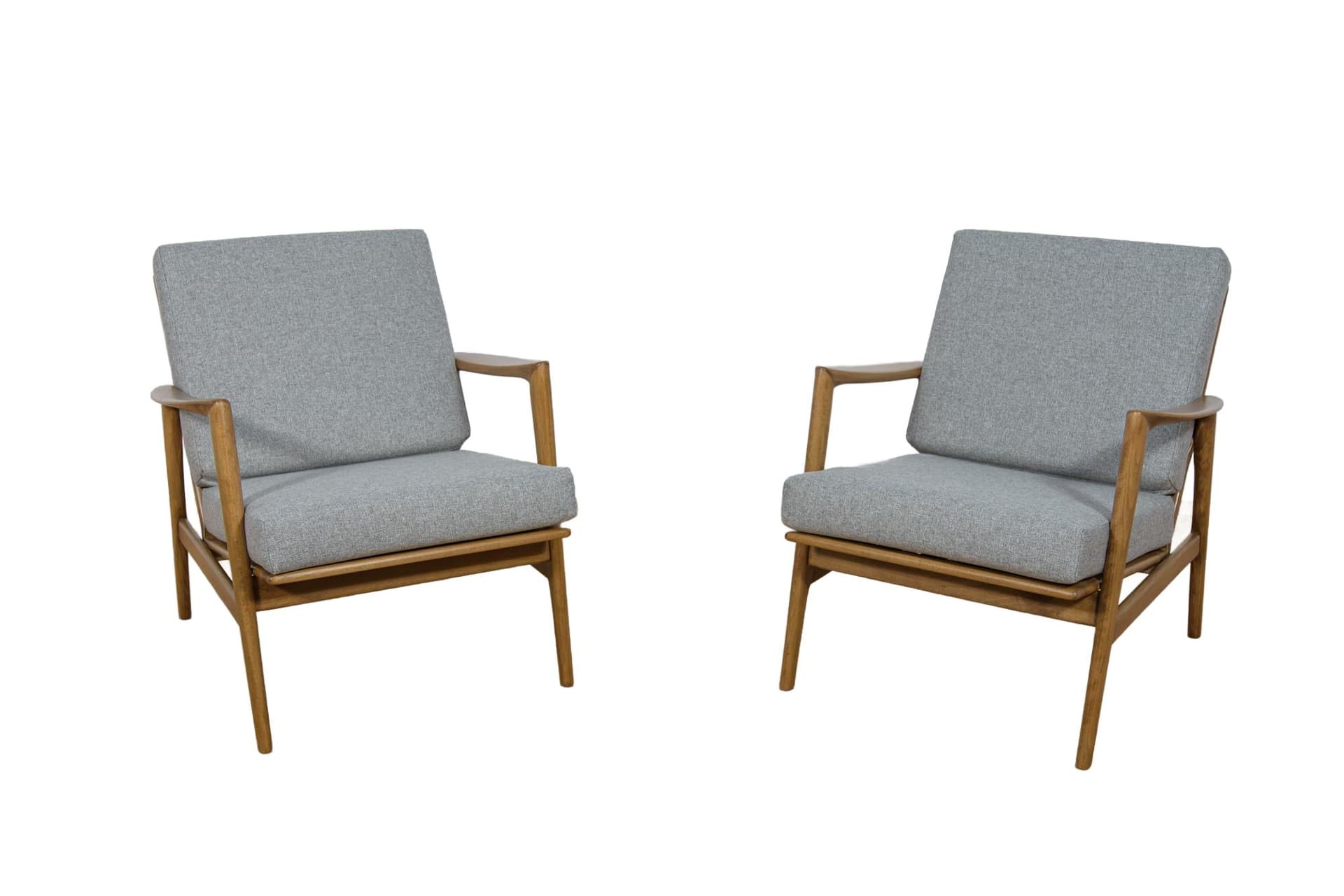Pair of armchairs 300-139, beech walnut, grey fabric, Swarzędzka Fabryka Mebli, Poland, 1960s.