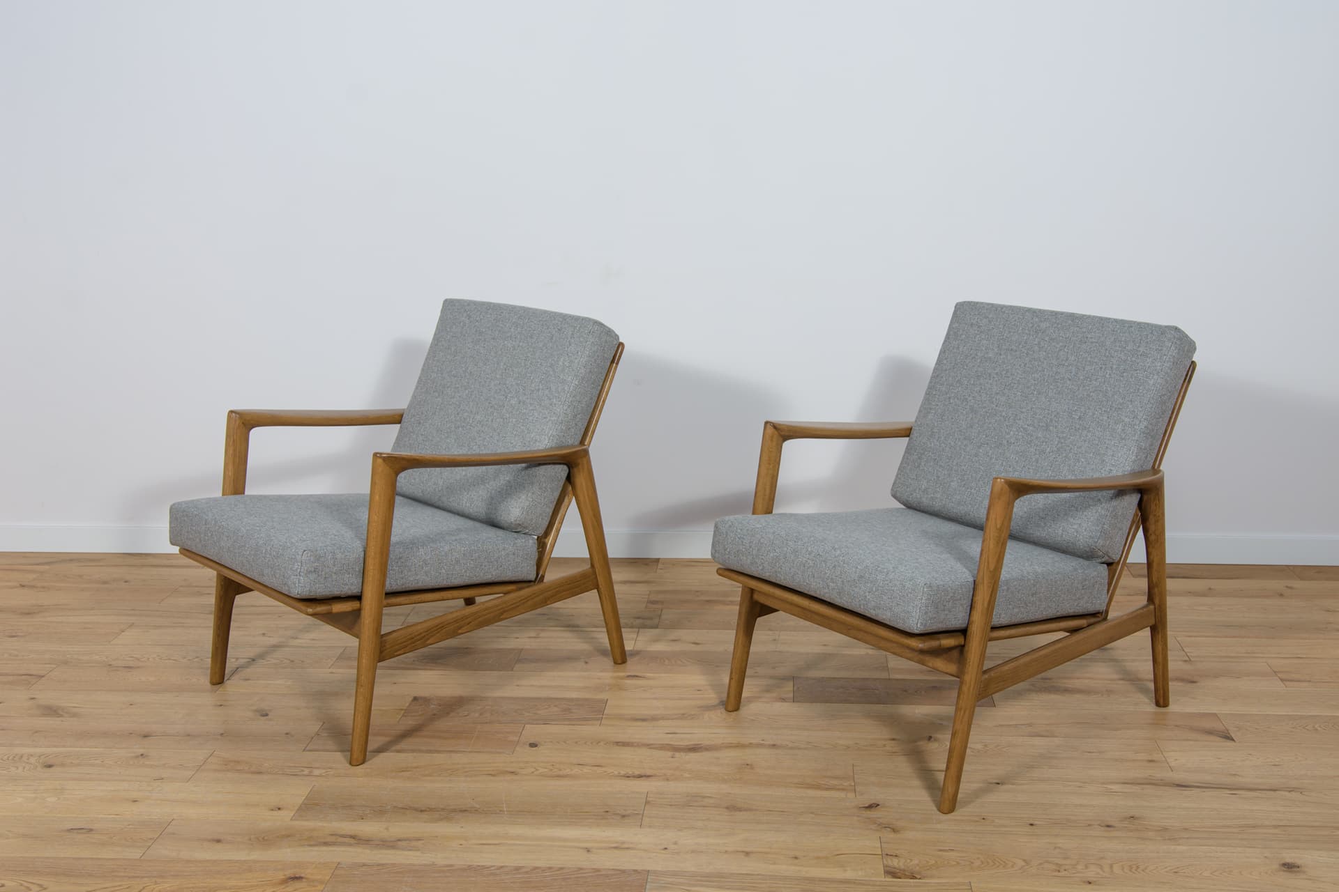 Pair of armchairs 300-139, beech walnut, grey fabric, Swarzędzka Fabryka Mebli, Poland, 1960s. - 70540