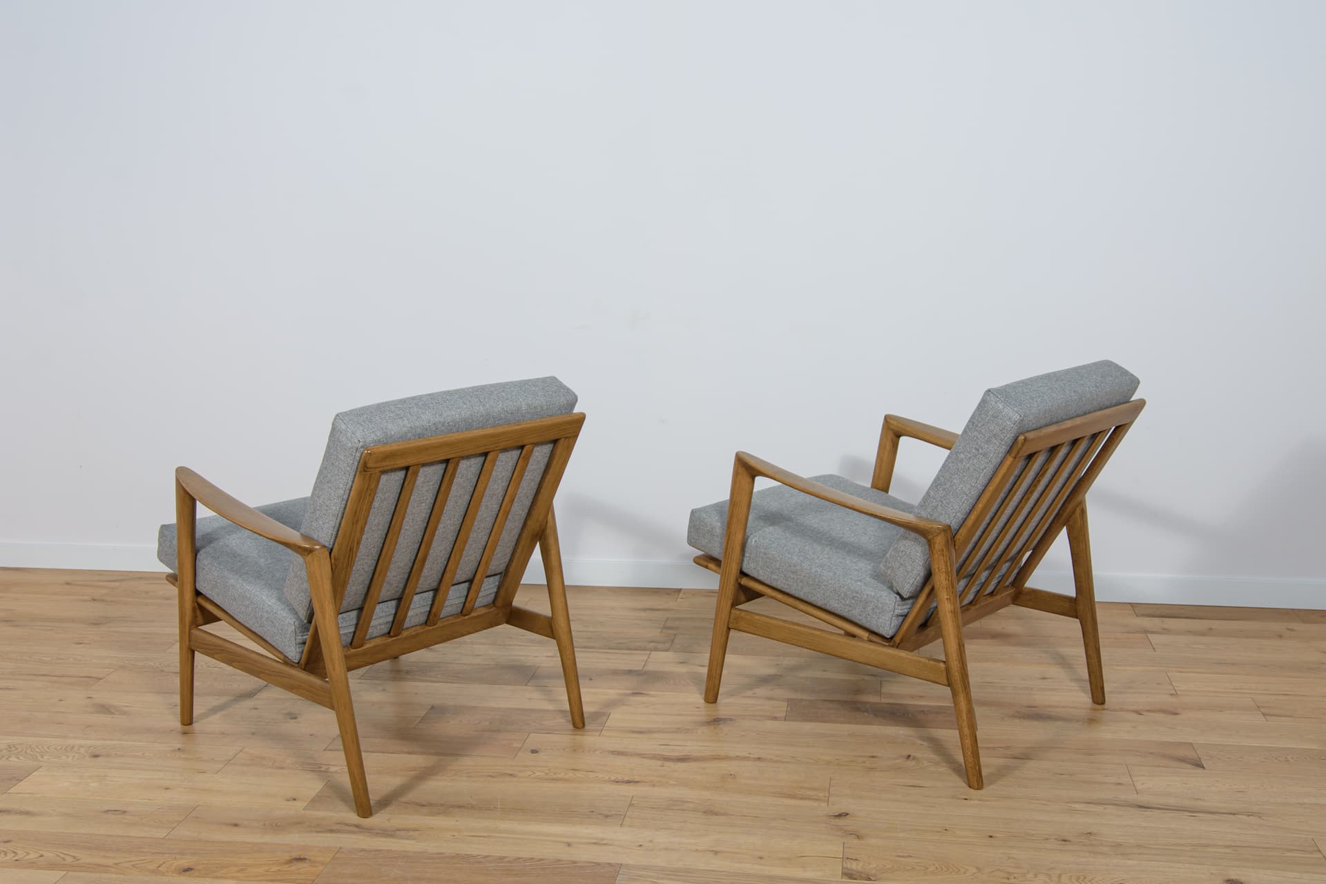 Pair of armchairs 300-139, beech walnut, grey fabric, Swarzędzka Fabryka Mebli, Poland, 1960s. - 70543