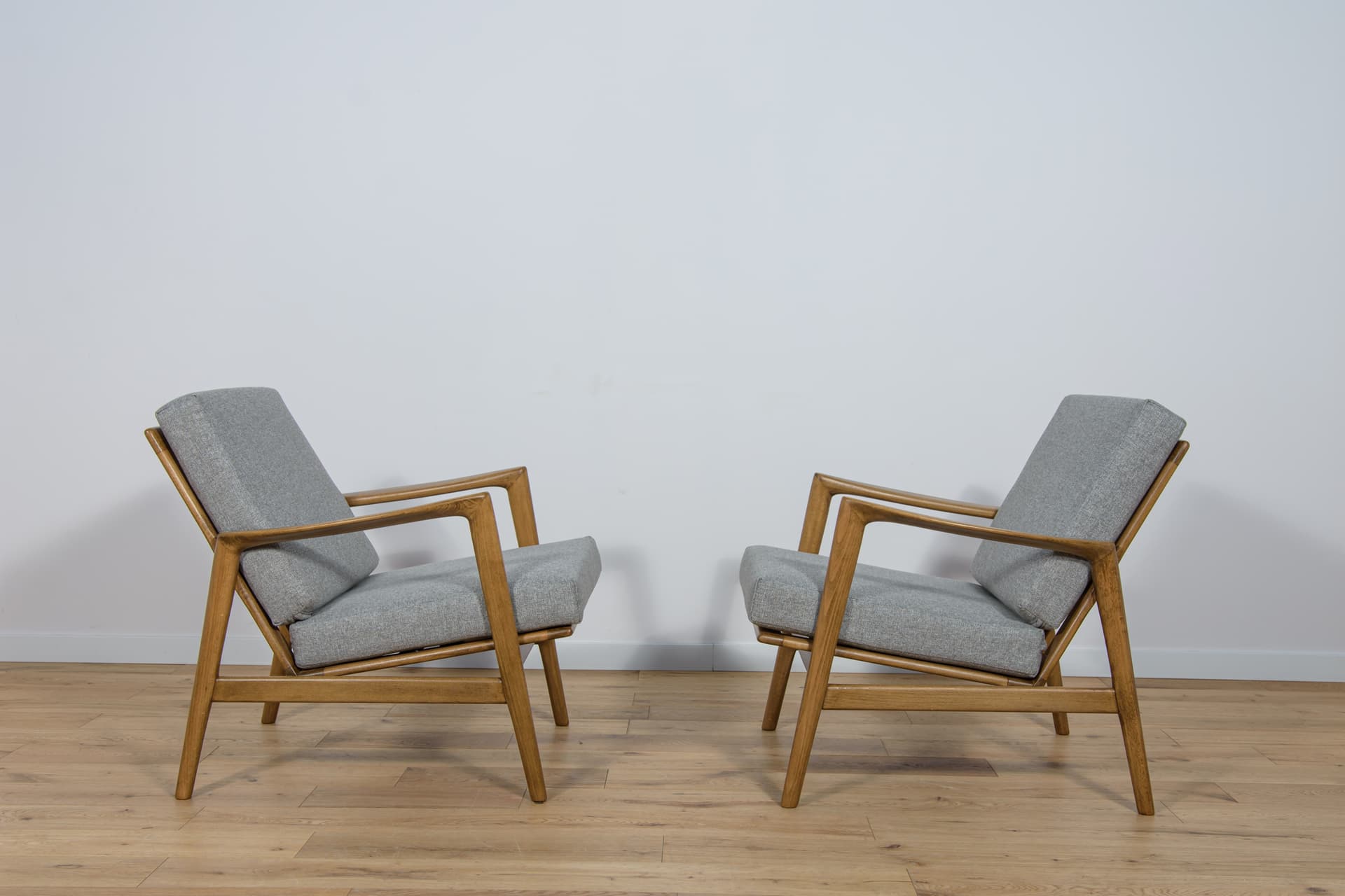 Pair of armchairs 300-139, beech walnut, grey fabric, Swarzędzka Fabryka Mebli, Poland, 1960s. - 70542