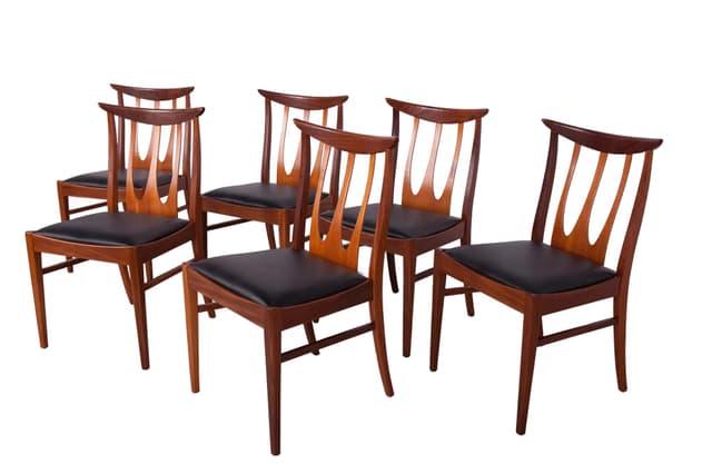 Komplet sześciu krzeseł Brasilia, teak ciemny, skóra czarna, G-Plan, Wielka Brytania, lata 50. - WYMIARY