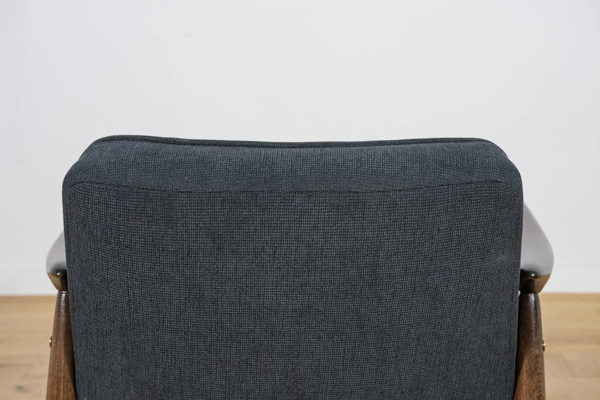 Pair of armchairs GFM-87, brown wood, black fabric, by J. Kędziorek, Poland, 1970s. - 70475