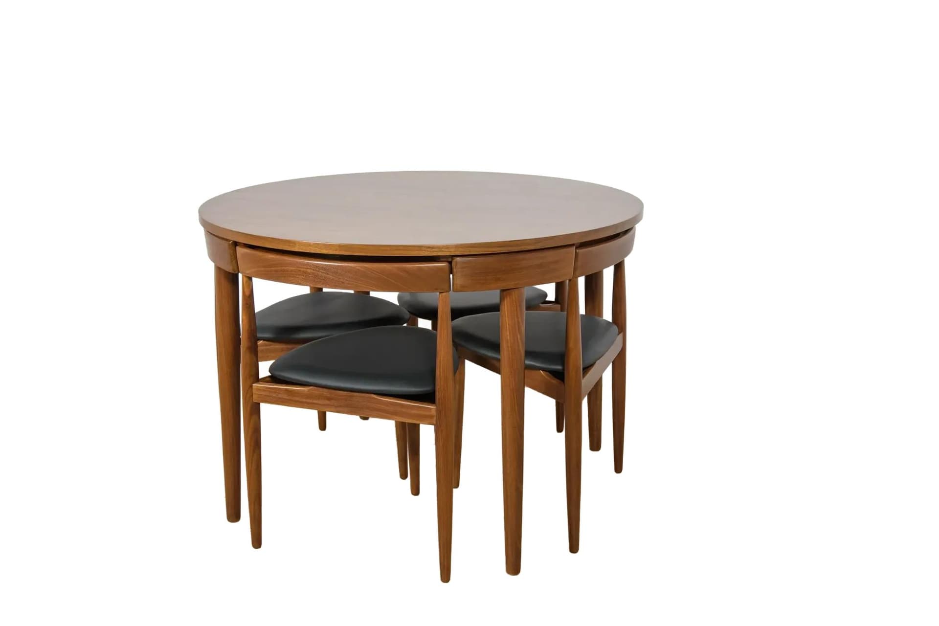 Zestaw jadalniany, drewno tekowe brązowy, skóra czarna, proj. H. Olsen, Frem Røjle, Dania, lata 50.
