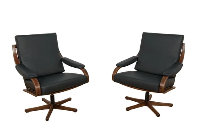 Para foteli gabinetowych, czarna skóra, dąb ciemny, Soda Galvano, Norwegia, lata 60. - WYMIARY