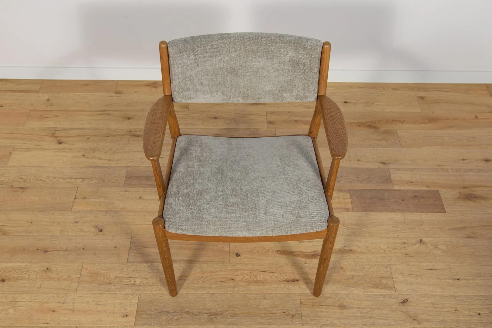 Armchair, brown oak, grey upholstery, Denmark, 1960s. - 70419