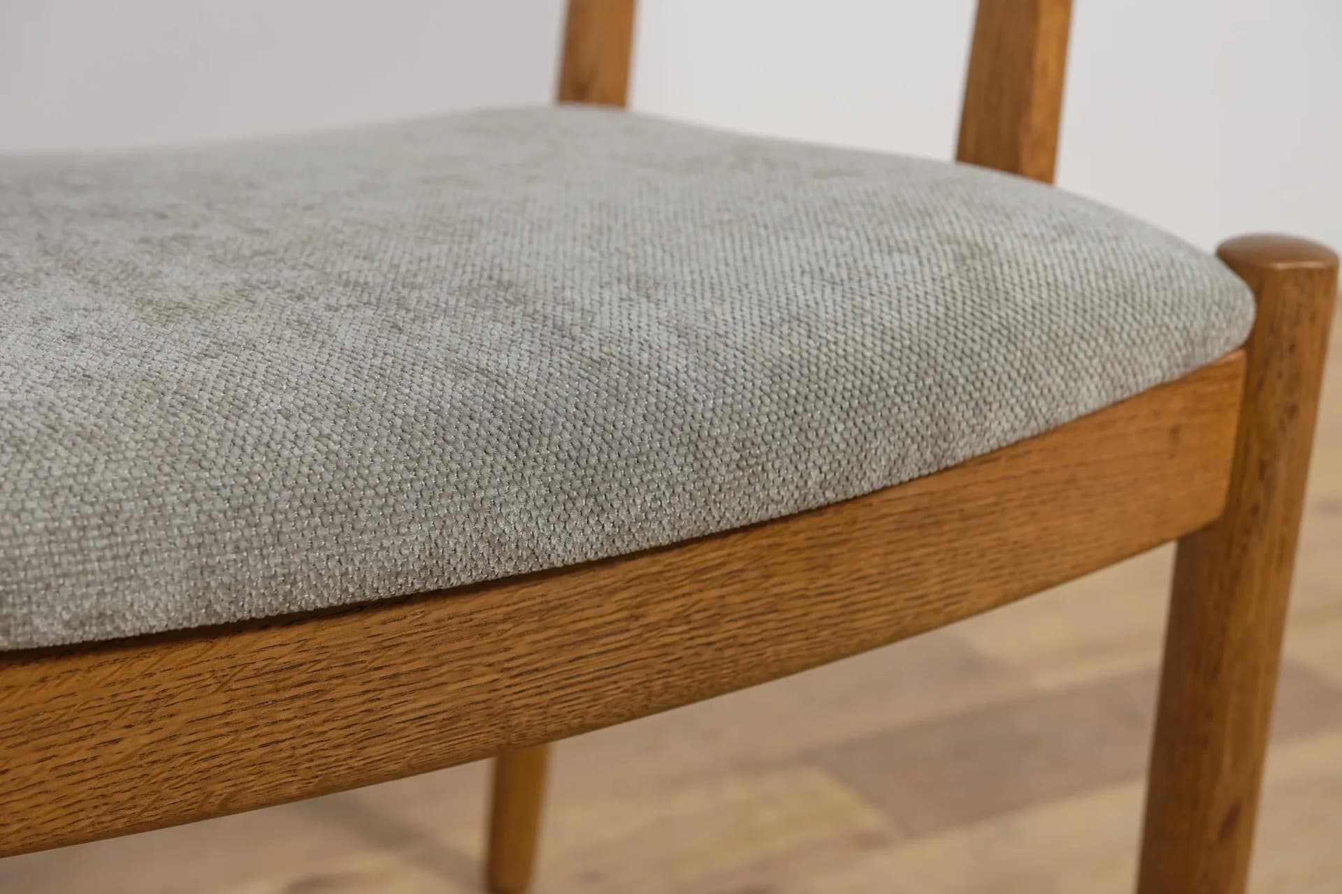 Armchair, brown oak, grey upholstery, Denmark, 1960s. - 70425