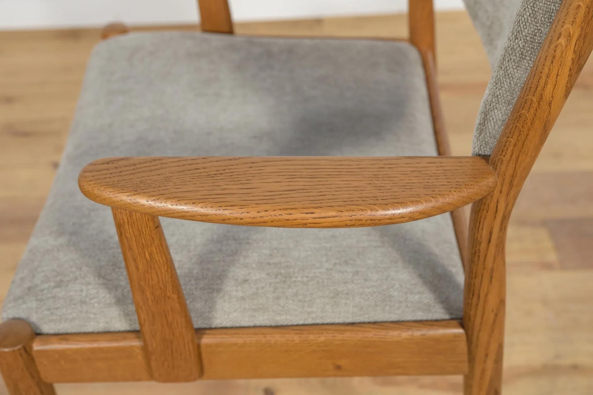 Armchair, brown oak, grey upholstery, Denmark, 1960s. - 70422