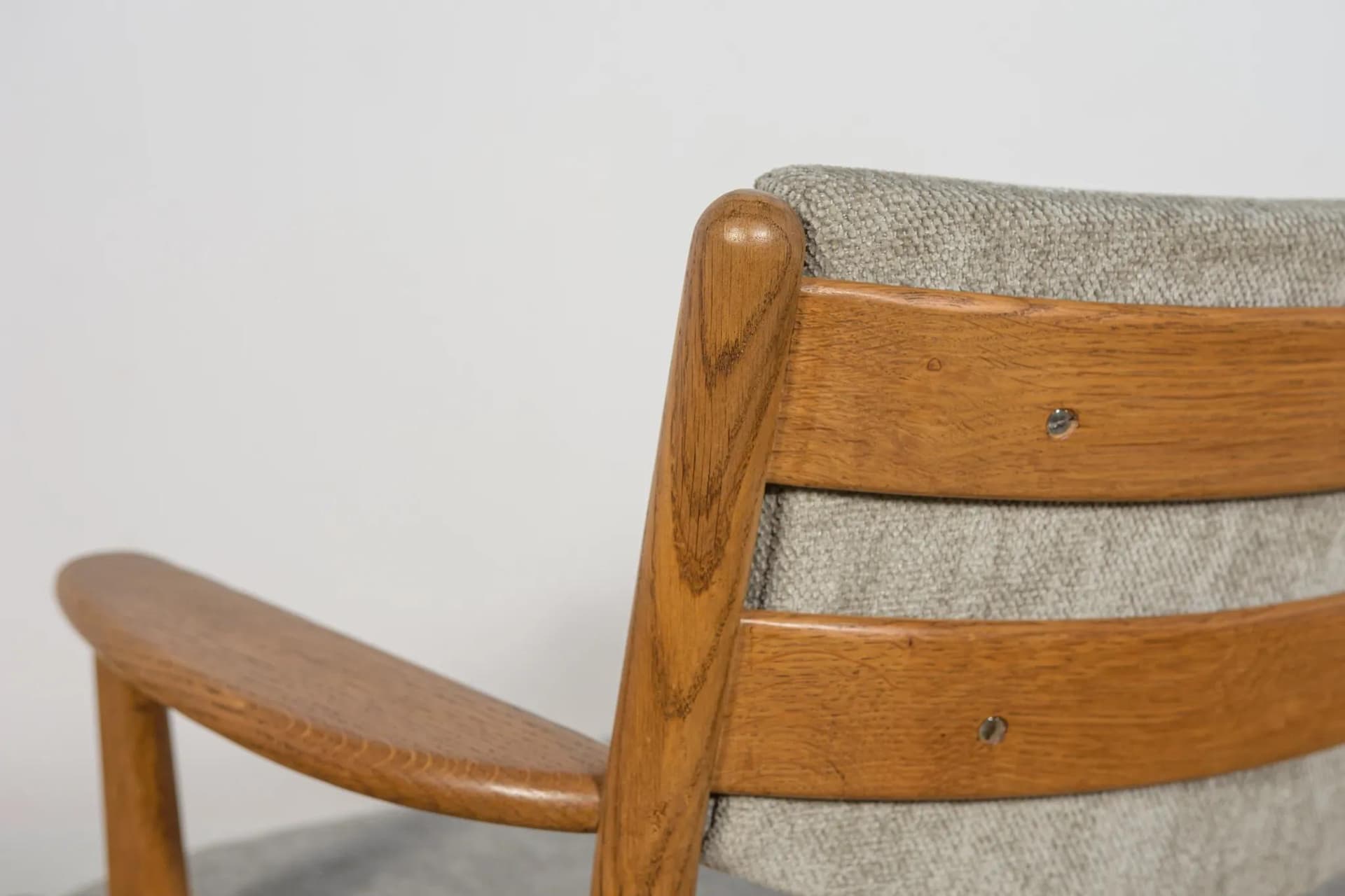 Armchair, brown oak, grey upholstery, Denmark, 1960s. - 70423