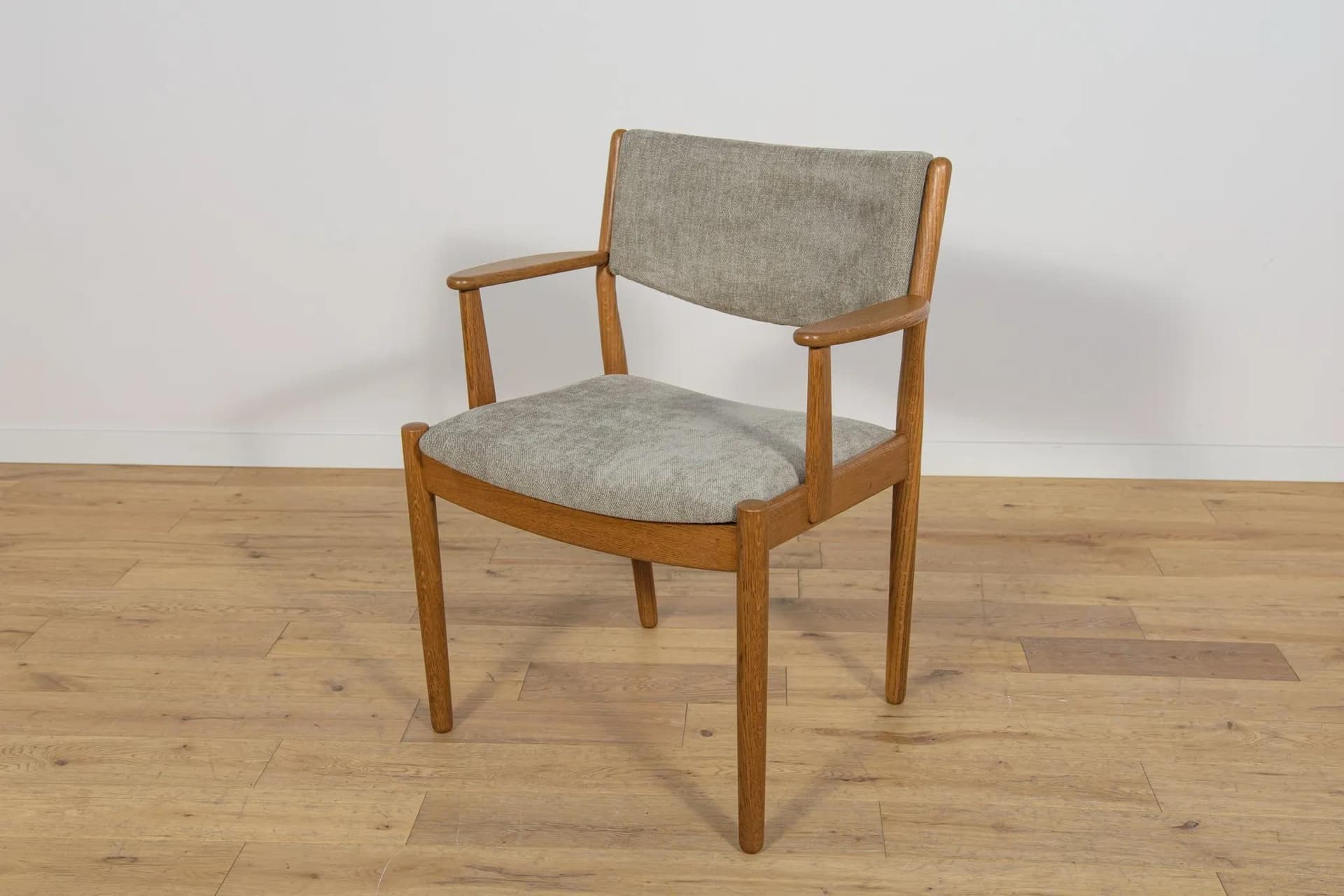 Armchair, brown oak, grey upholstery, Denmark, 1960s. - 70417