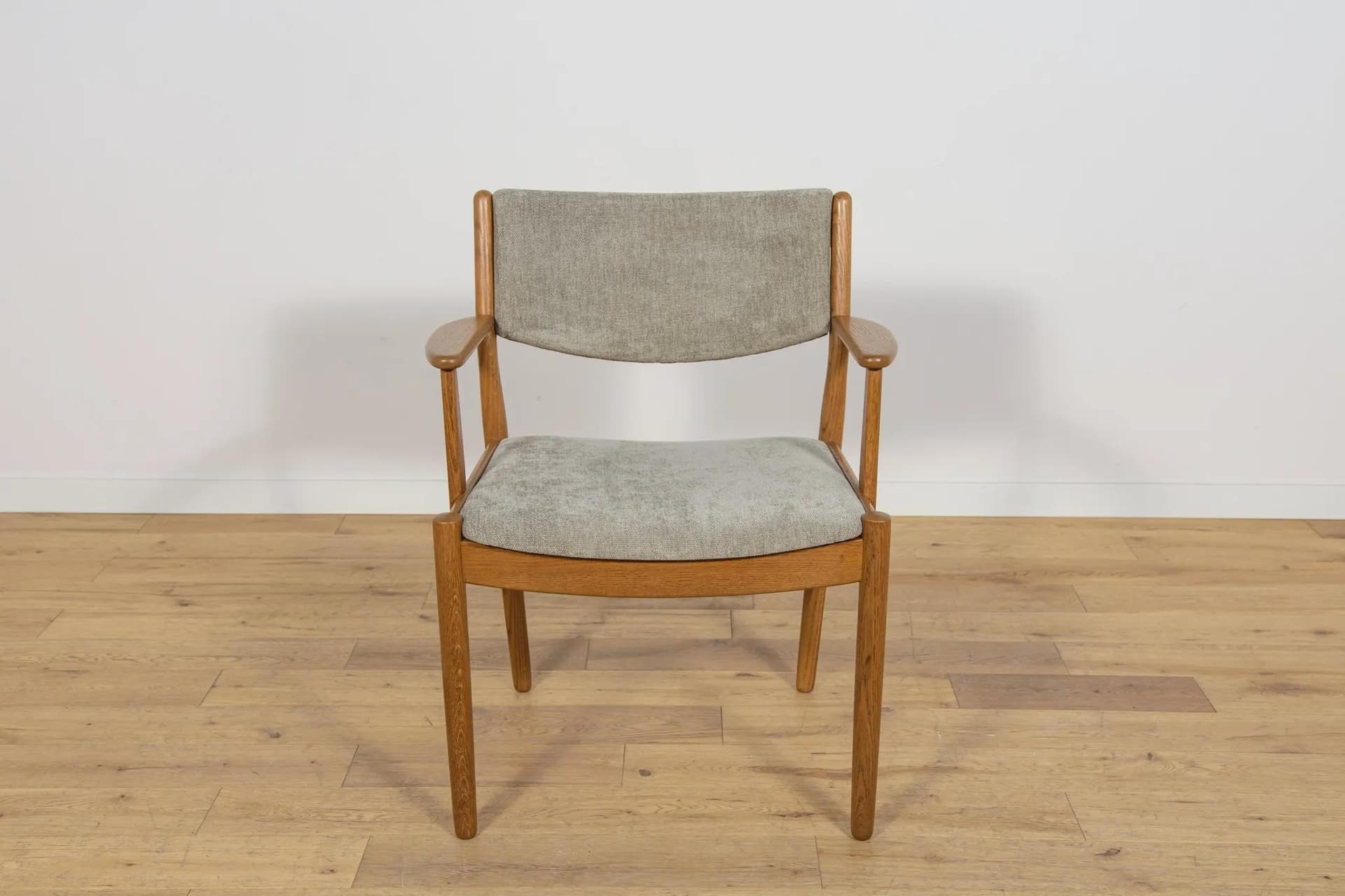 Armchair, brown oak, grey upholstery, Denmark, 1960s. - 70418