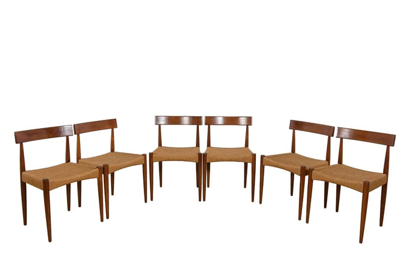 Komplet sześciu krzeseł, teak brązowy, proj. A. Hovmand-Olsen, Dania, lata 60.