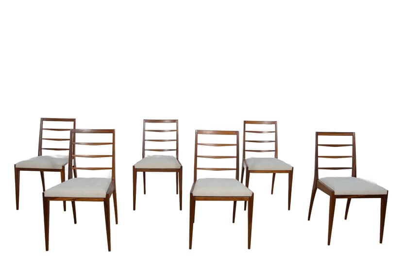Komplet sześciu krzeseł, teak brązowy, tkanina kremowa, McIntosh, Wielka Brytania, lata 60.