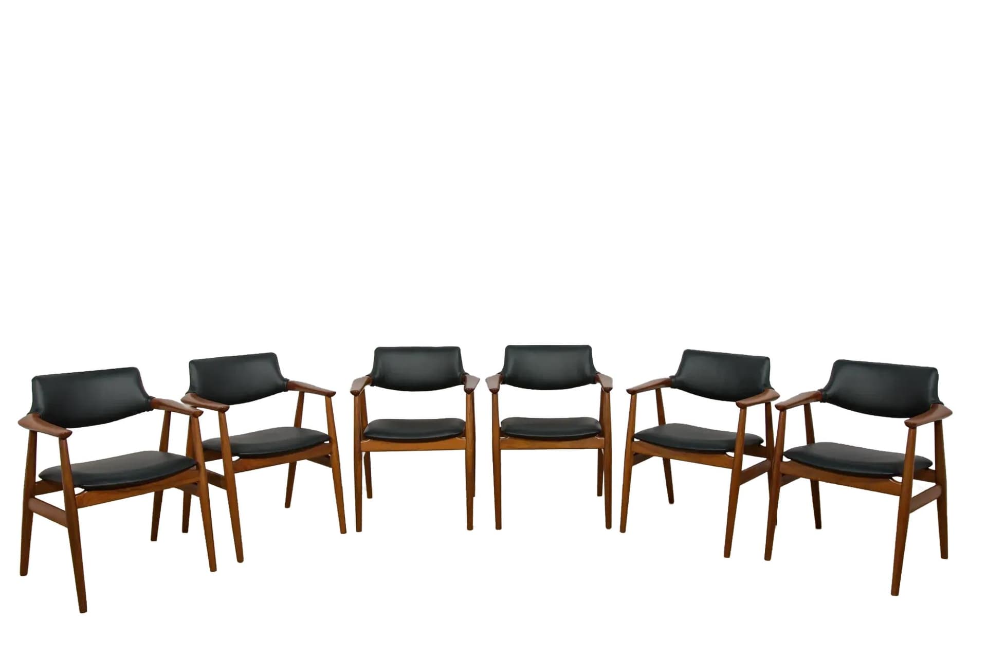 Komplet sześciu krzeseł Model GM 11, teak brązowy, skóra czarna, proj. Å. Eriksen, Glostrup Møbelfabrik, Dania, lata 60.