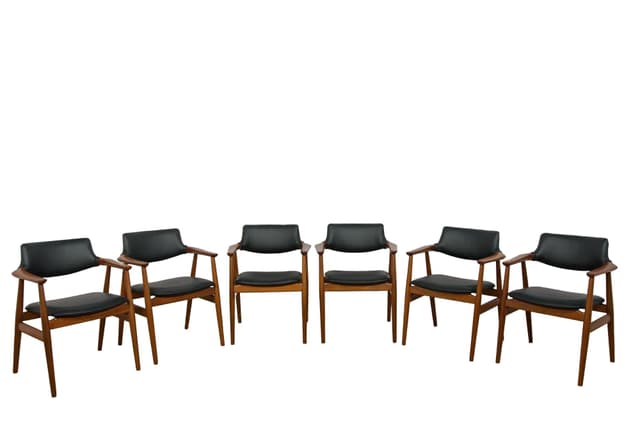 Komplet sześciu krzeseł Model GM 11, teak brązowy, skóra czarna, proj. Å. Eriksen, Glostrup Møbelfabrik, Dania, lata 60. - WYMIARY