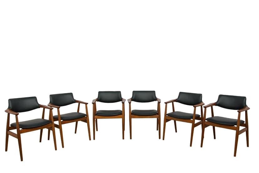 Komplet sześciu krzeseł Model GM 11, teak brązowy, skóra czarna, proj. Å. Eriksen, Glostrup Møbelfabrik, Dania, lata 60.