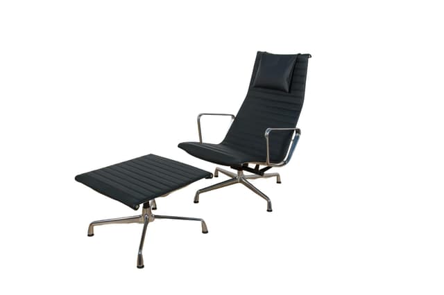 Lounge chair and ottoman EA124 & EA125, black leather, aluminium, by C. & R. Eames, Vitra, Germany, 1980s. - DIMENSION