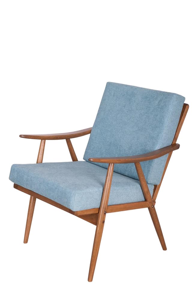 Fotel, buk orzech, tapicerka błękitna, TON, Czechosłowacja, lata 60. - WYMIARY