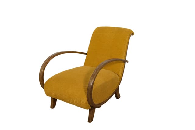 Fotel Art Deco, żółta tkanina, buk, Polska, lata 30. - WYMIARY