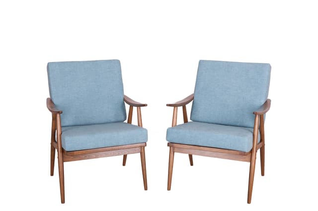 Para foteli, buk orzech, tkanina błękitna, TON, Czechosłowacja, lata 60. - WYMIARY