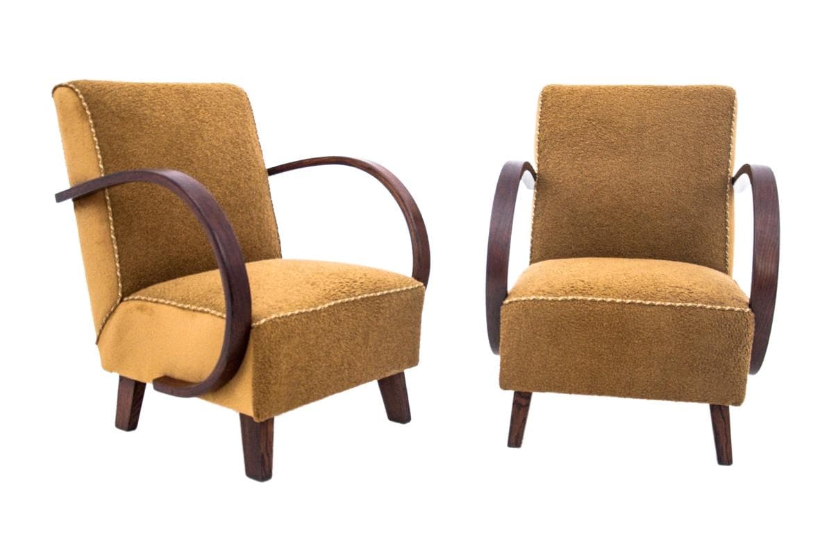 Yellow Art Deco Armchairs, by J. Halabala, Czechoslovakia, 1930s