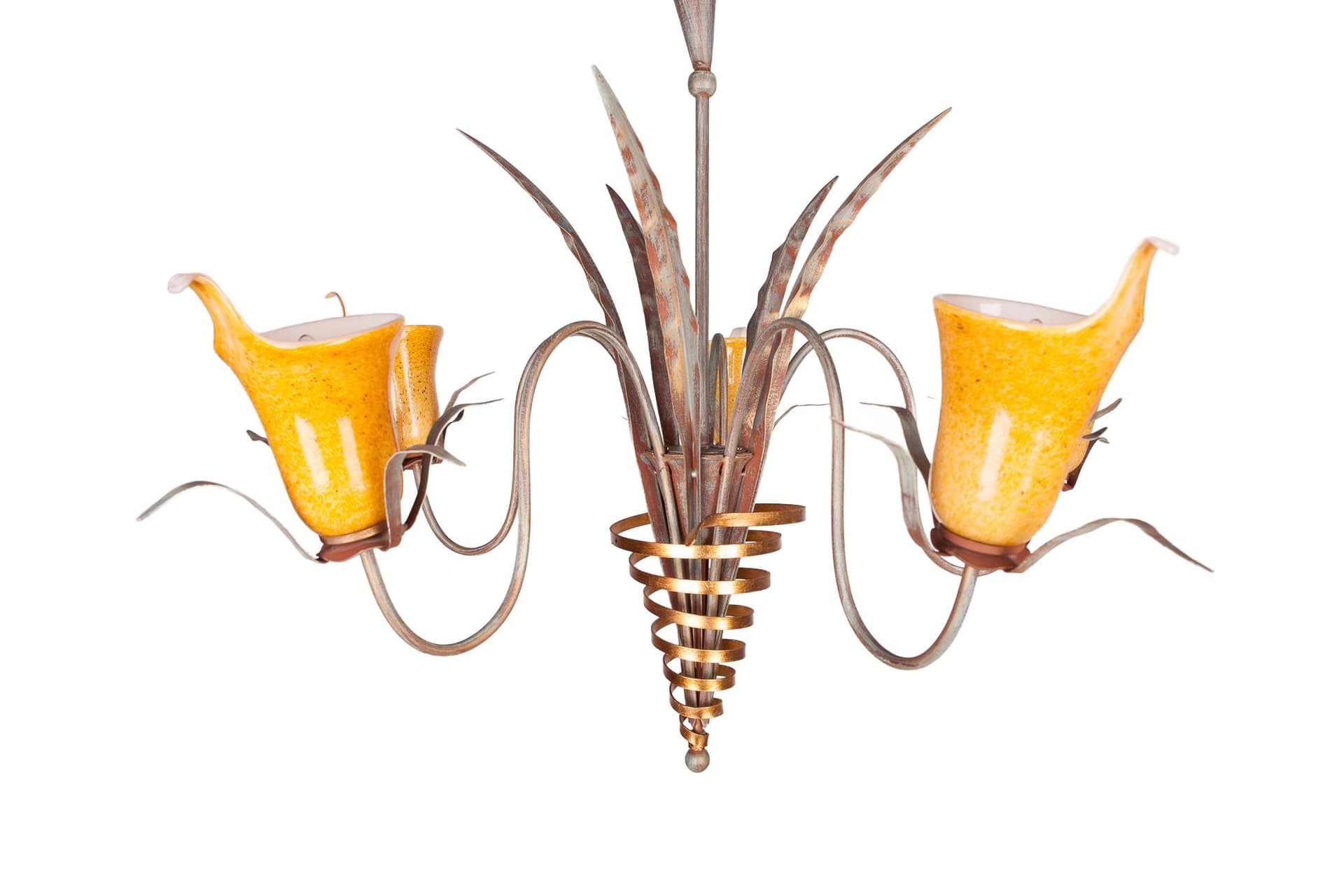 Żyrandol neosecesyjny, żółty, metal, porcelana, Włochy, lata 70.