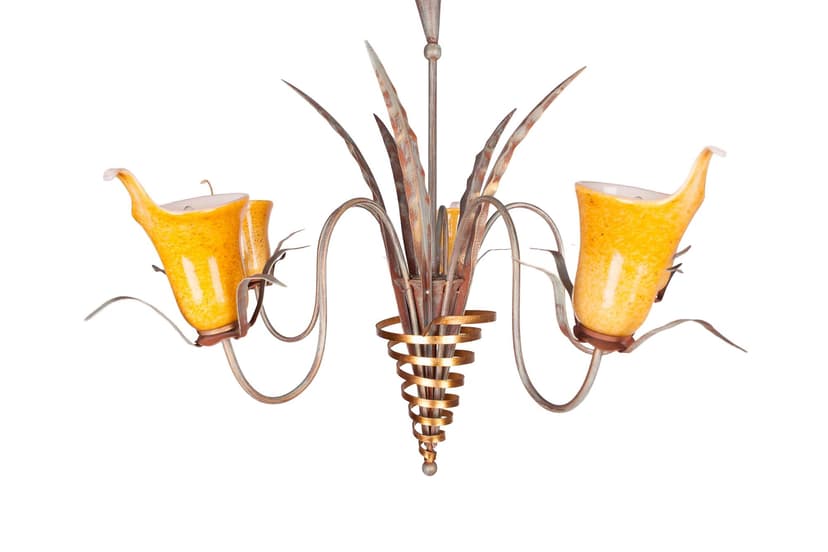 Żyrandol neosecesyjny, żółty, metal, porcelana, Włochy, lata 70.