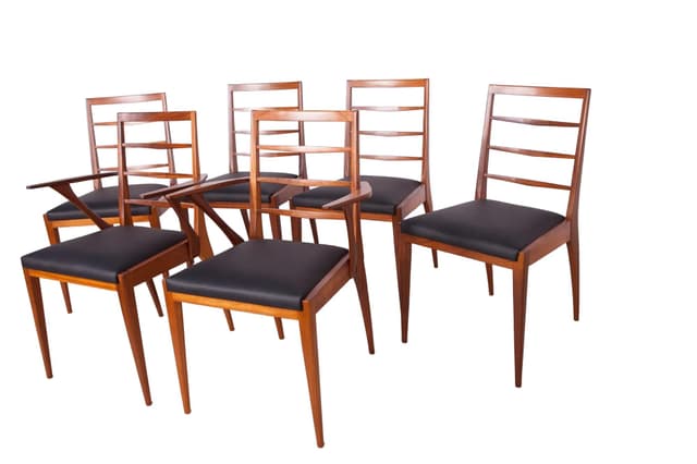 Komplet sześciu krzeseł, drewno tekowe, skóra czarna, McIntosh, Wielka Brytania, lata 60. - WYMIARY