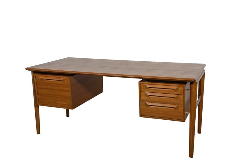 Desk, brown wood, by I. Kofod-Larsen, Sweden, 1950s.