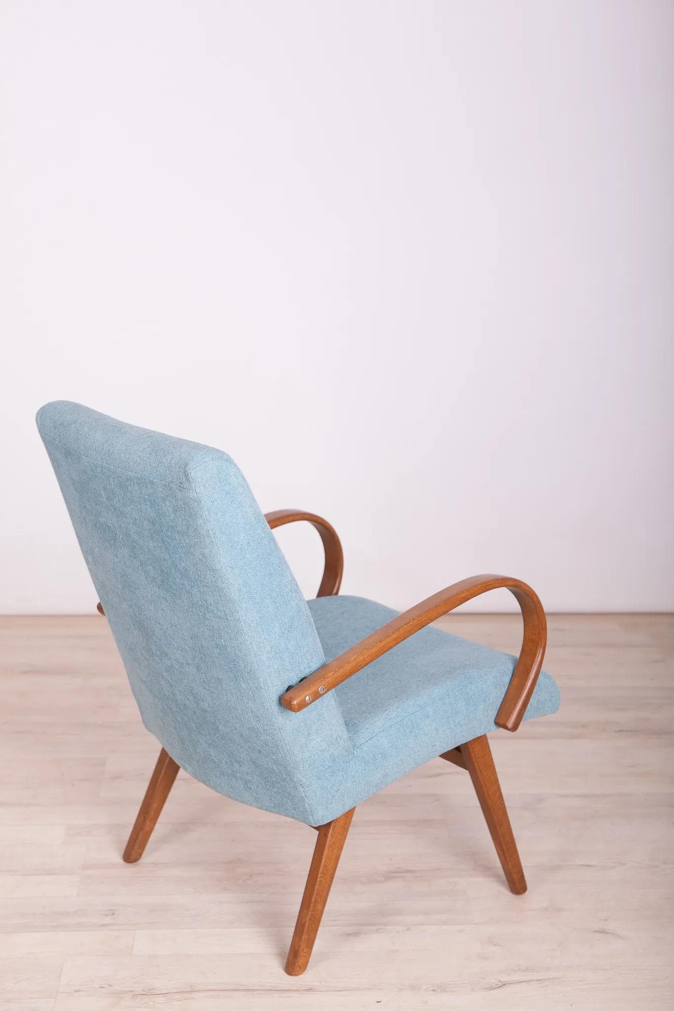 Armchair Model 53, light blue wool, brown beech, by J. Šmídek, TON, Czechoslovakia, 1960s. - 72820