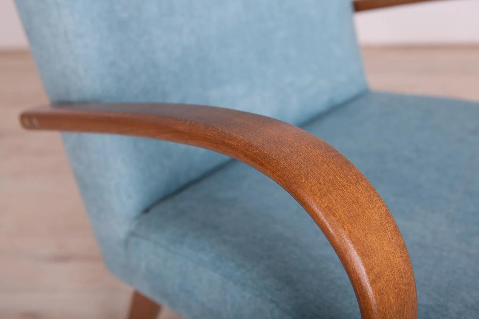 Armchair Model 53, light blue wool, brown beech, by J. Šmídek, TON, Czechoslovakia, 1960s. - 72825