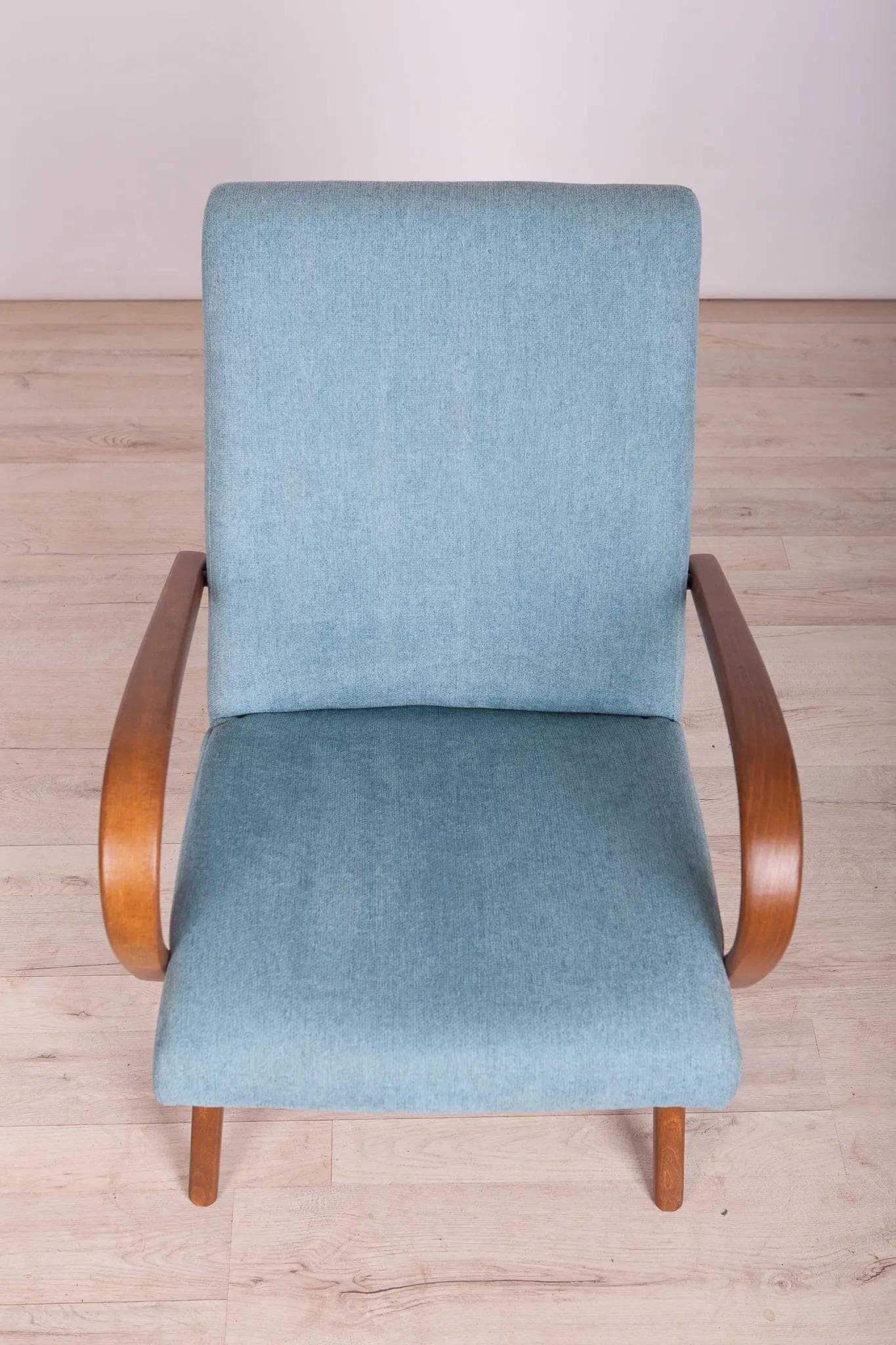 Armchair Model 53, light blue wool, brown beech, by J. Šmídek, TON, Czechoslovakia, 1960s. - 72817
