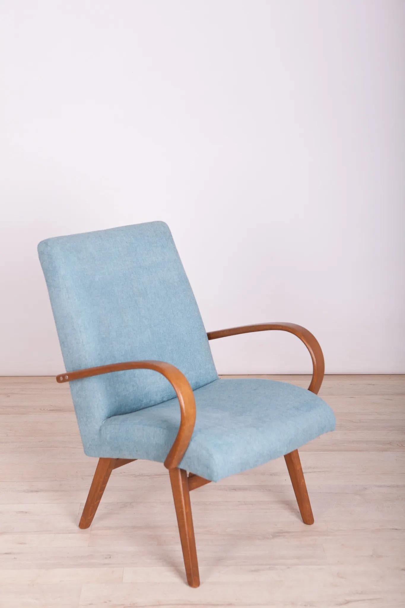 Armchair Model 53, light blue wool, brown beech, by J. Šmídek, TON, Czechoslovakia, 1960s. - 72824