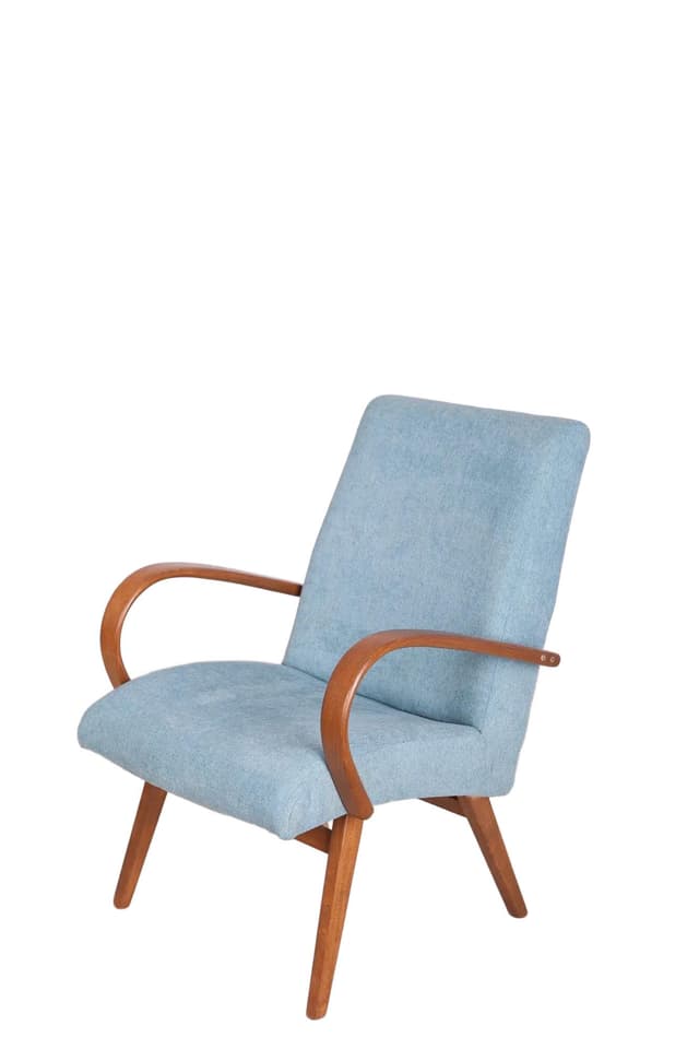 Armchair Model 53, light blue wool, brown beech, by J. Šmídek, TON, Czechoslovakia, 1960s. - DIMENSION