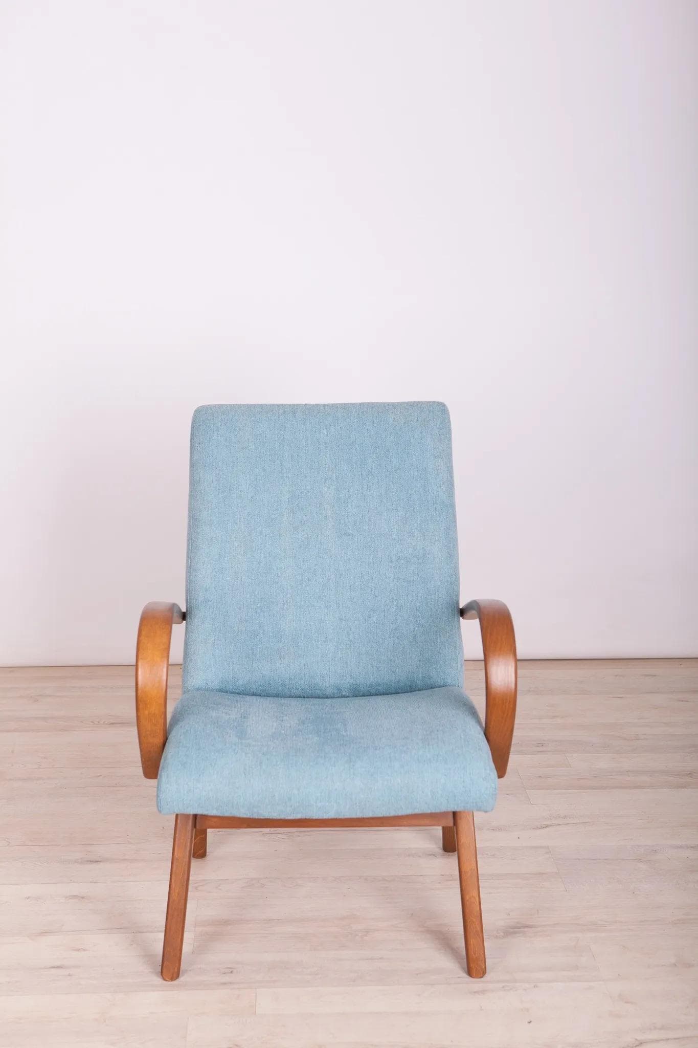 Armchair Model 53, light blue wool, brown beech, by J. Šmídek, TON, Czechoslovakia, 1960s. - 72818