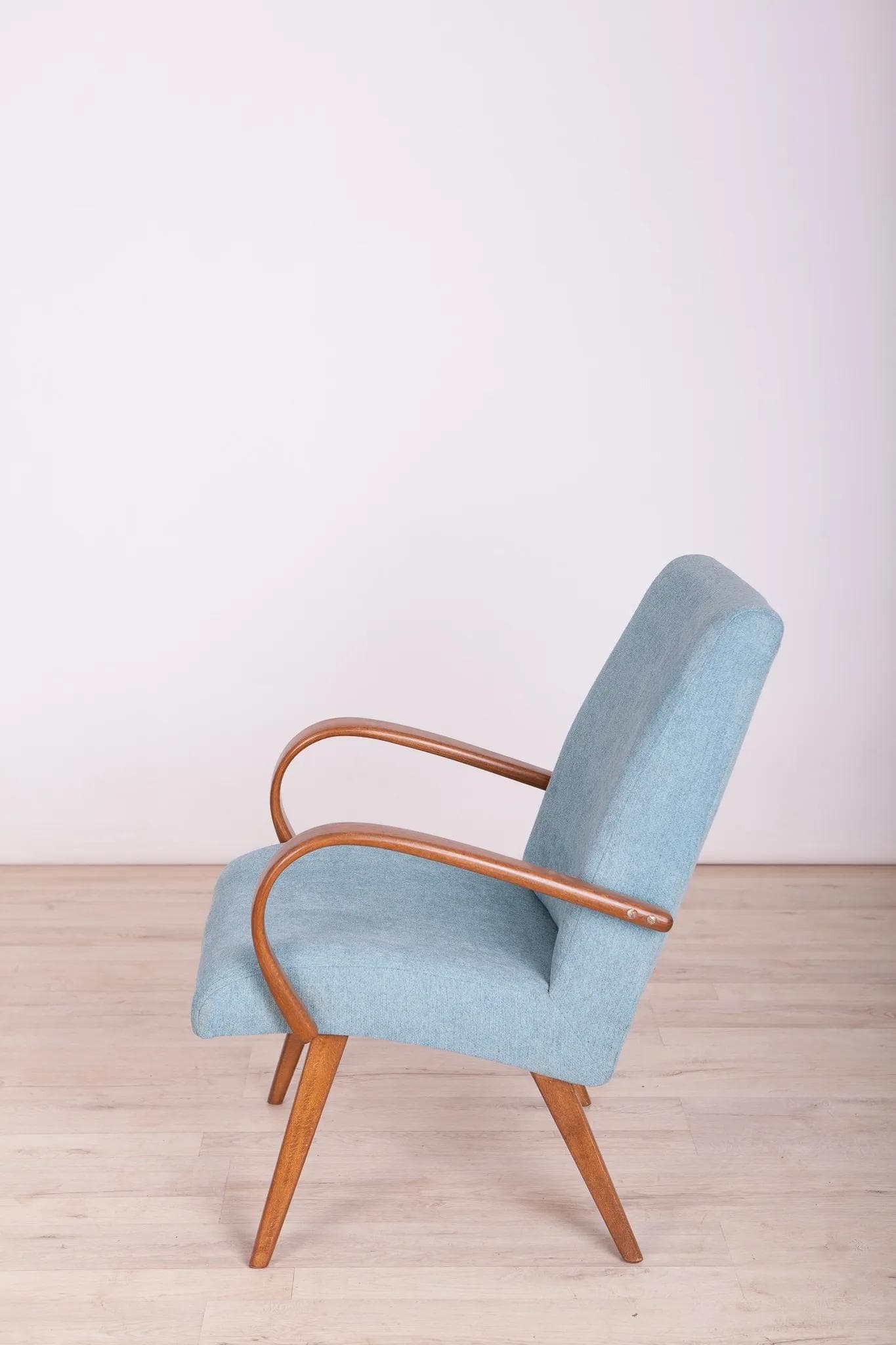 Armchair Model 53, light blue wool, brown beech, by J. Šmídek, TON, Czechoslovakia, 1960s. - 72821