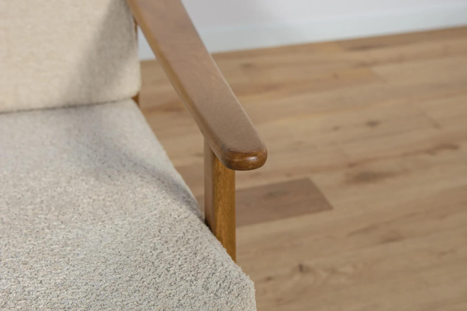 Armchair Model 5825, cream boucle, oak-stained beech, Poland, 1960s - 72795
