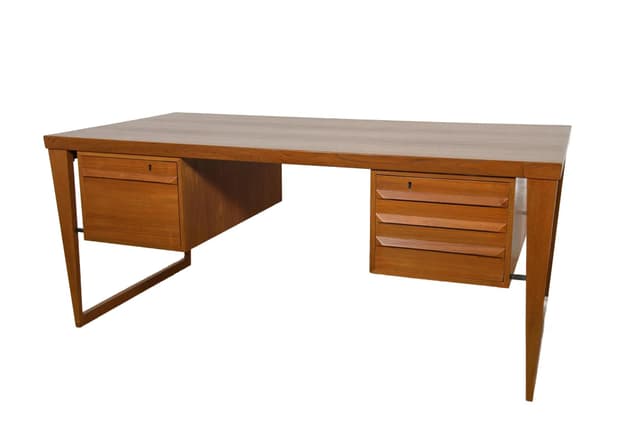 Desk Model 70, brown teak, by K. Kristiansen, Feldballes Møbelfabrik, Denmark, 1960s. - DIMENSION