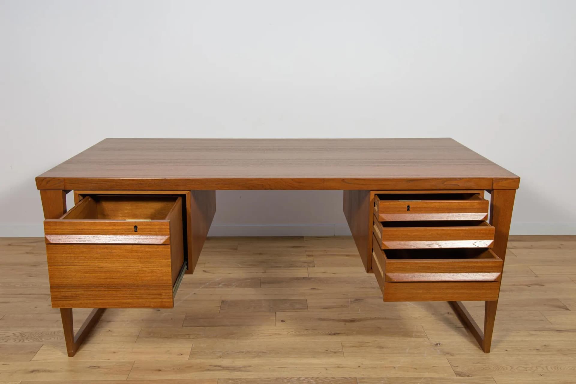 Desk Model 70, brown teak, by K. Kristiansen, Feldballes Møbelfabrik, Denmark, 1960s. - 72761