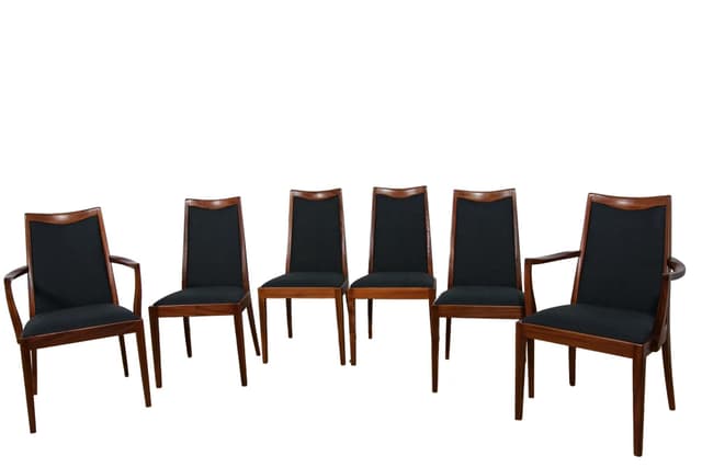 Komplet czterech krzeseł i dwóch foteli, teak, tapicerka czarna, proj. L. Dandy, G-Plan, Wielka Brytania, lata 60. - WYMIARY