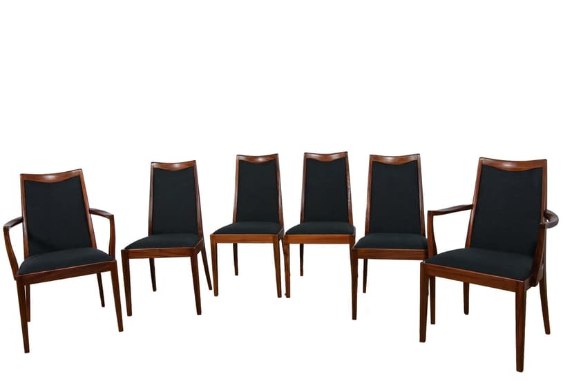 Komplet czterech krzeseł i dwóch foteli, teak, tapicerka czarna, proj. L. Dandy, G-Plan, Wielka Brytania, lata 60.