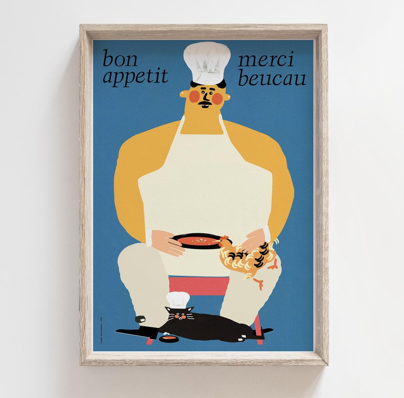 Plakat Bon appetit, merci beucau, kucharz z kotem i kurą pijącą zupę pomidorową, 50x70 cm, aut. J. Zasada, Jakub Zasada - 72240