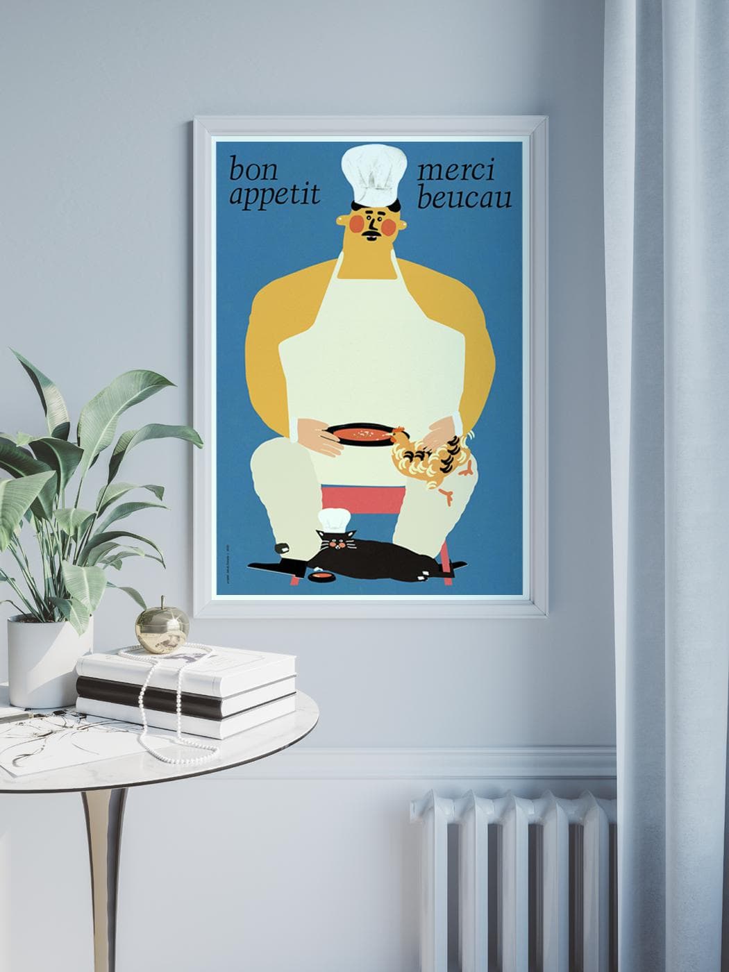 Plakat Bon appetit, merci beucau, kucharz z kotem i kurą pijącą zupę pomidorową, 50x70 cm, aut. J. Zasada, Jakub Zasada - 72243